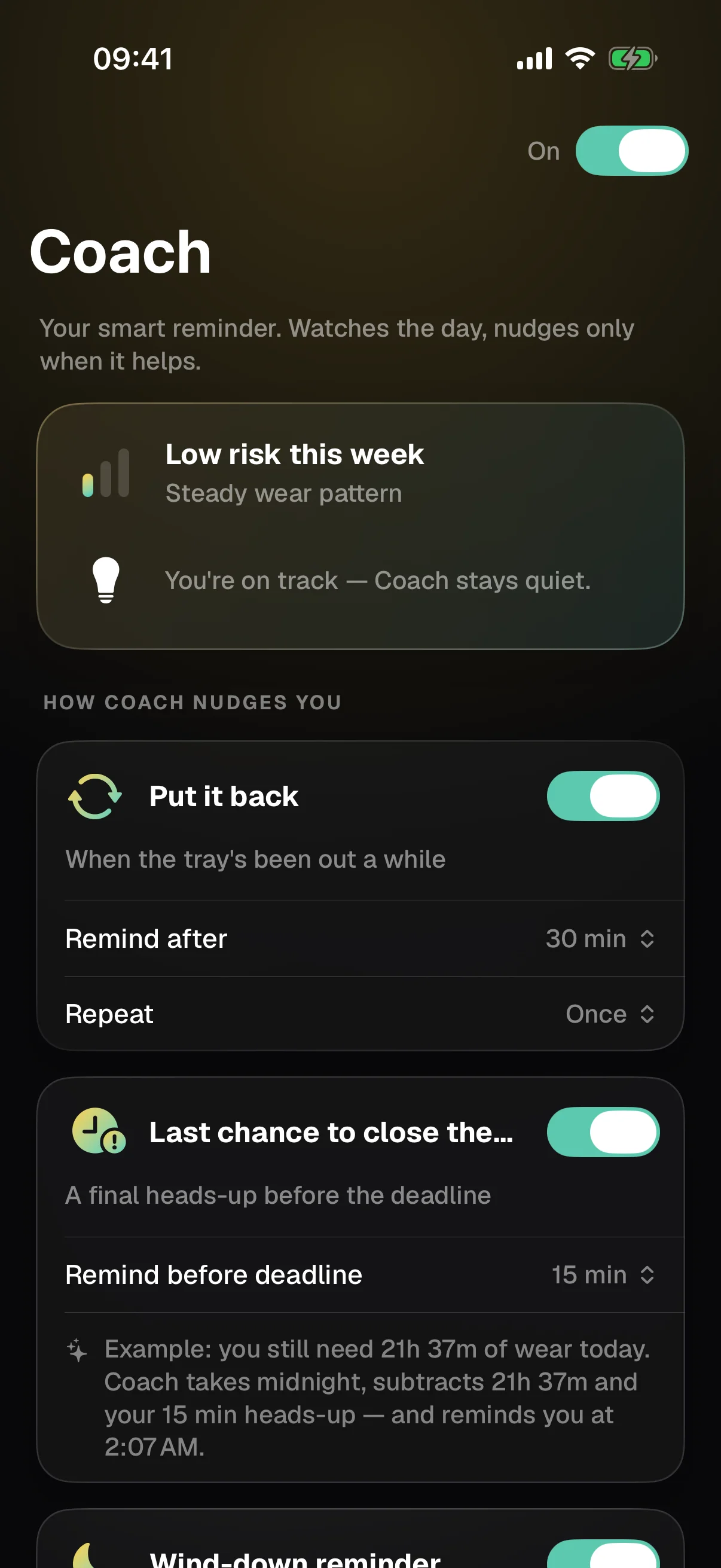 Coach screen with put-it-back, deadline and wind-down reminders