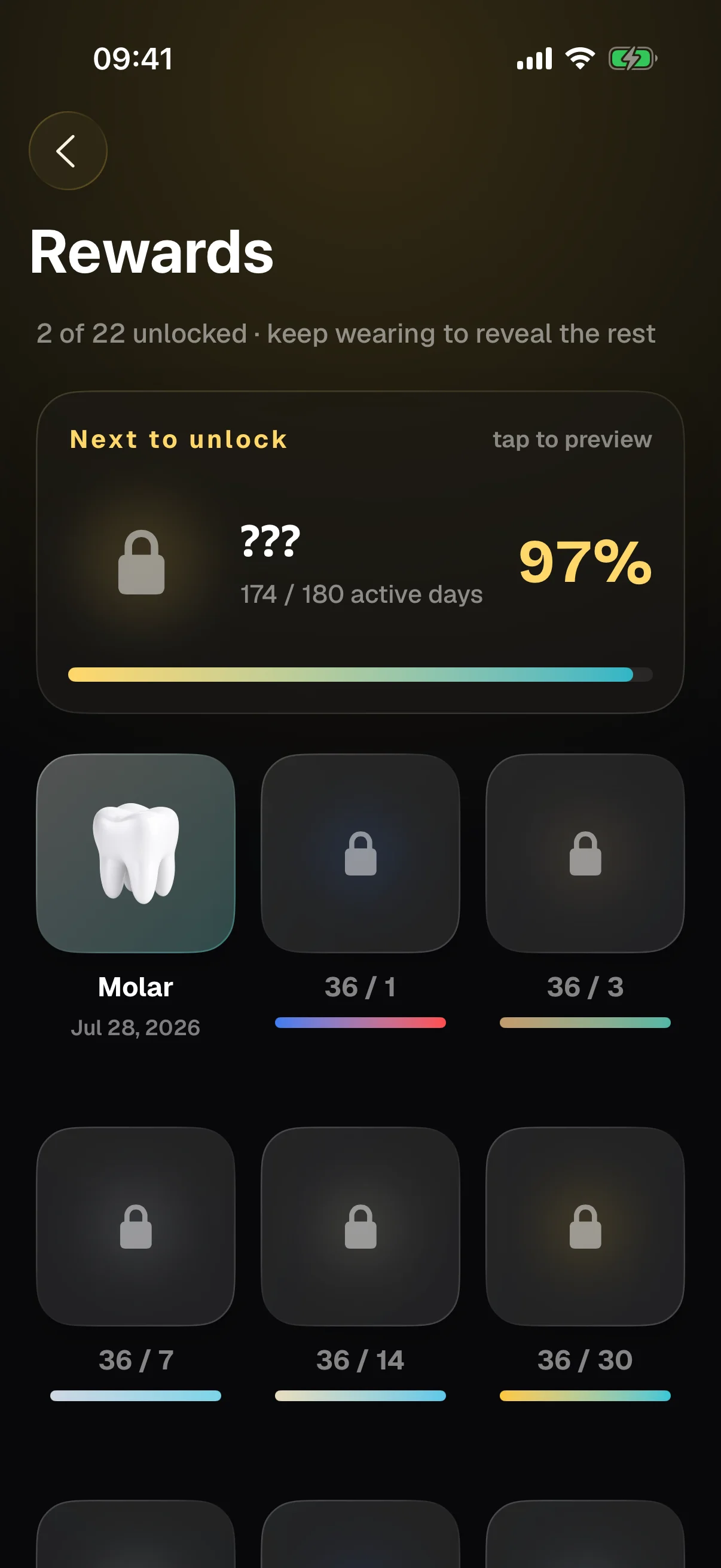 TrayHabit rewards screen: a grid of collectible teeth, most of them still wrapped