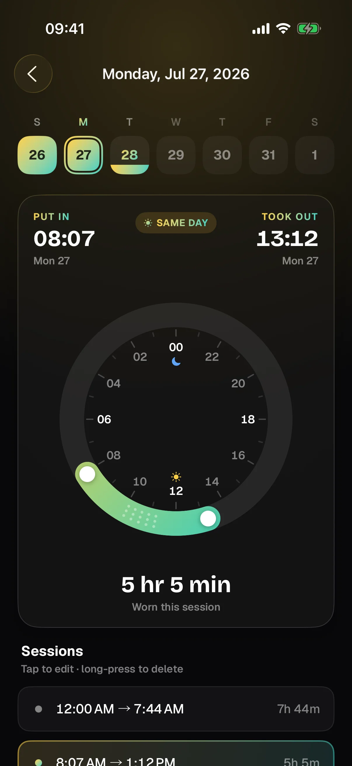 TrayHabit session editor: a 24-hour dial showing a wear session from 08:07 to 13:12, its 5 hr 5 min total, and the day’s other sessions listed underneath