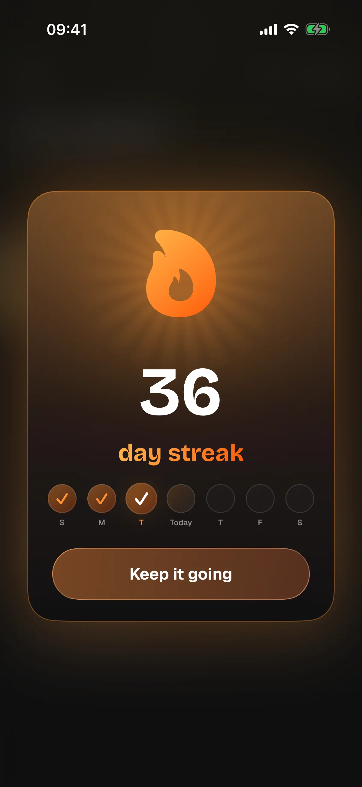 Streak celebration showing a 36-day streak with the week ticked off
